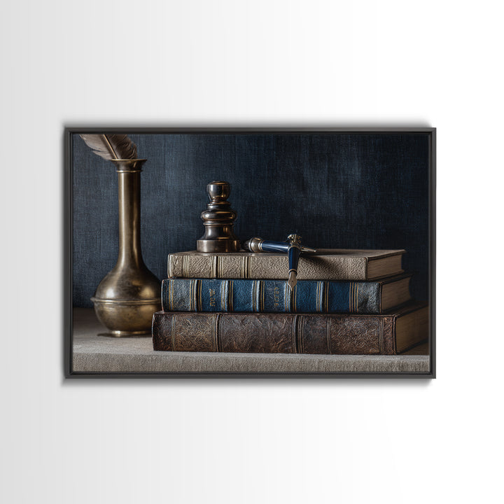 Dignified Law Books and Fountain Pen Still Framed Canvas Print, Law Office Art, Printable, Office Decor, Fine Art, Counsel, LOA-3x2-6
