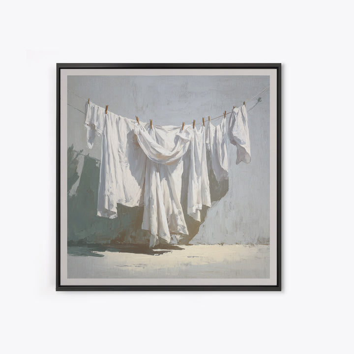 Clothesline with White Linens Blowing in Sunshine Canvas Print, Laundry Room Art, Rustic Home Decor, Living Room Decor, Clean, LRA-1x1-1