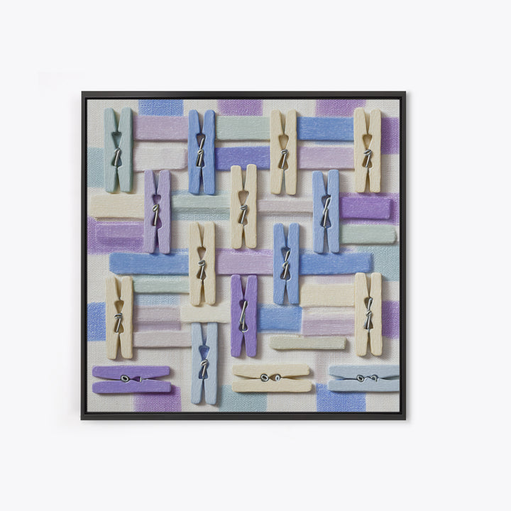 Cheerful Clothespins Arranged as Pattern Framed Canvas Print, Laundry Room Art, Funny Poster, Living Room Decor, Watercolor Art, LRA-1x1-100