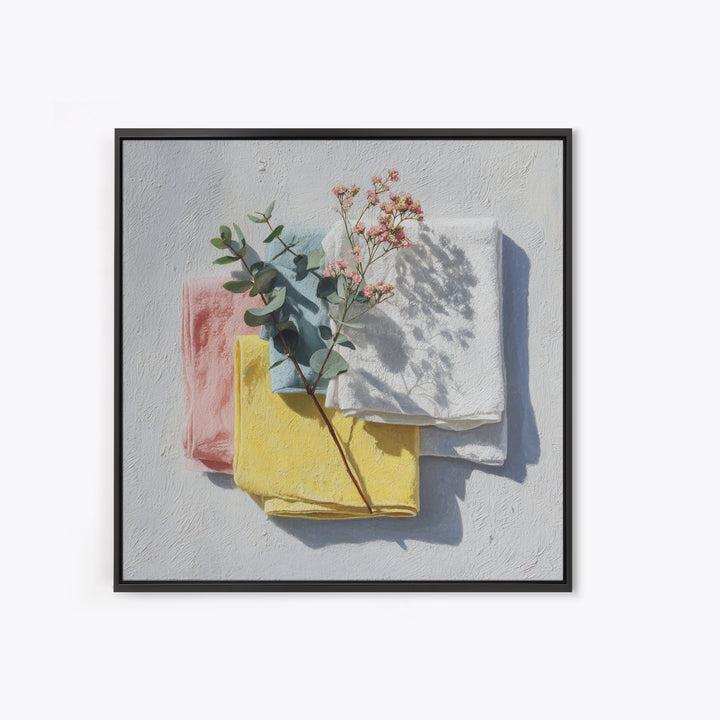 Sunlit White Towels and Eucalyptus Branch Canvas Print, Laundry Room Art, Farmhouse Decor, Living Room Decor, Clean, LRA-1x1-11