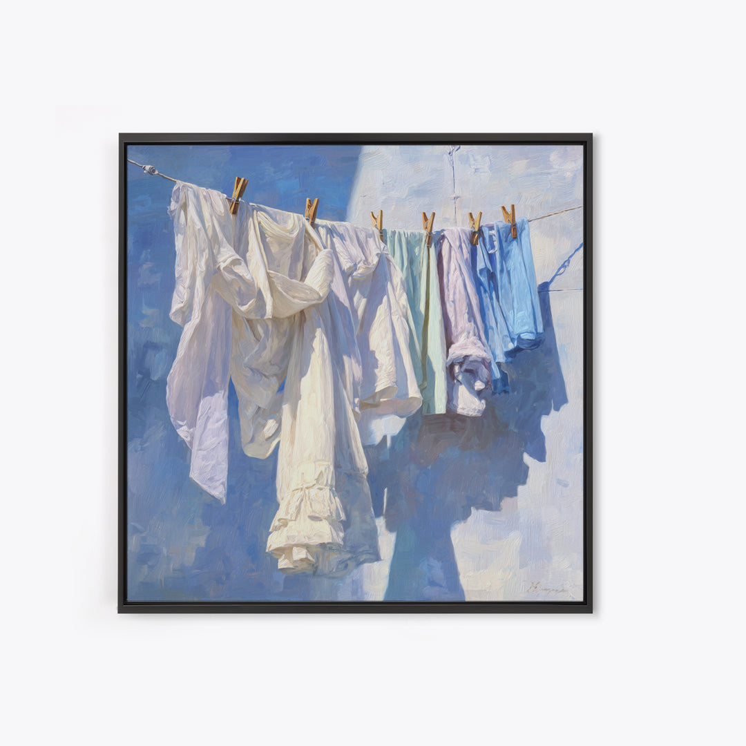 Clothesline with White Linens Blowing in Sunshine Canvas Print, Laundry Room Art, Modern Decor, Living Room Decor, Abstract Art, LRA-1x1-25