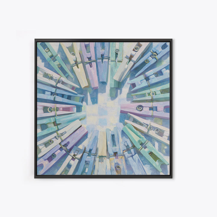 Cheerful Clothespins Arranged as Pattern Framed Canvas Print, Laundry Room Art, Artwork, Living Room Decor, Oil Painting, Clean, LRA-1x1-28