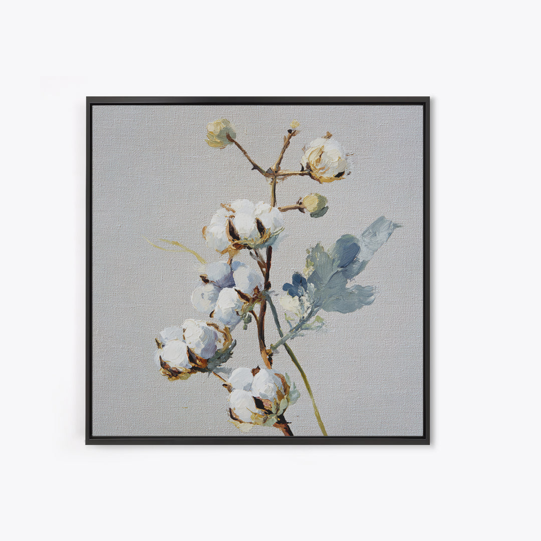Fresh Cotton Branch Botanical Study Canvas Print, Laundry Room Art, Retro Wall Art, Living Room Decor, Watercolor Art, Clean, LRA-1x1-31