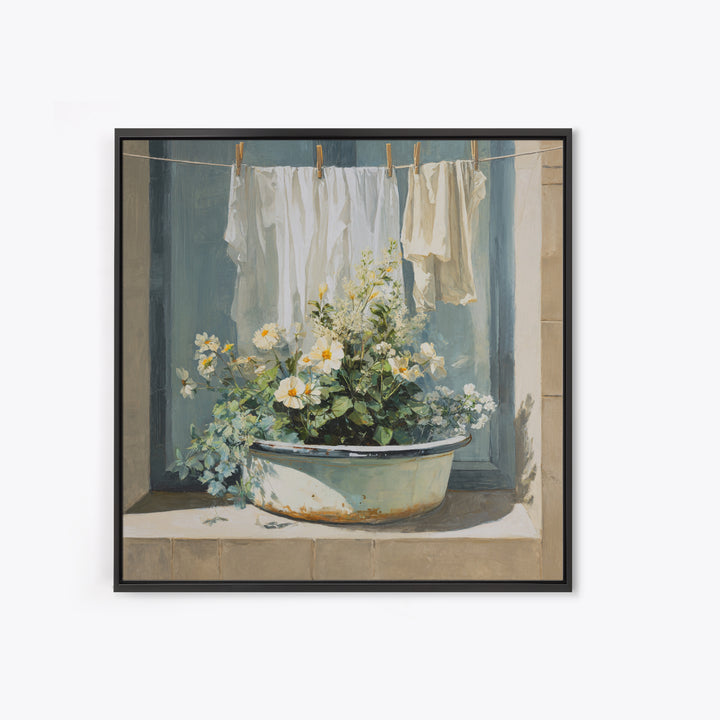 Old Enamel Basin Filled Framed Canvas Print, Laundry Room Art, Gallery Decor, Living Room Decor, Fine Art, Clean, LRA-1x1-32