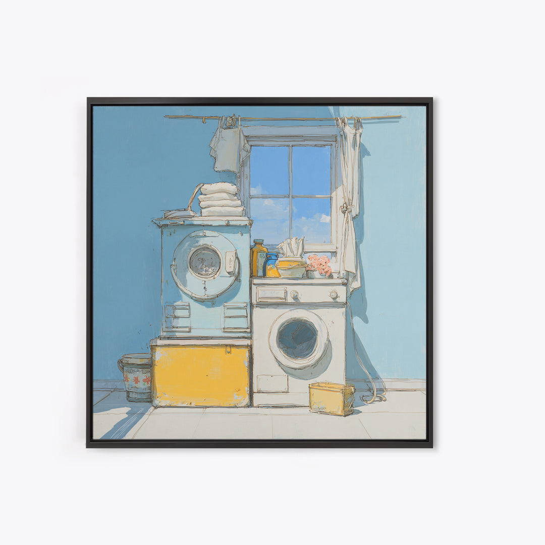 Retro Iron Illustration Framed Canvas Print, Laundry Room Art, Statement Artwork, Living Room Decor, Abstract Art, Clean, LRA-1x1-33