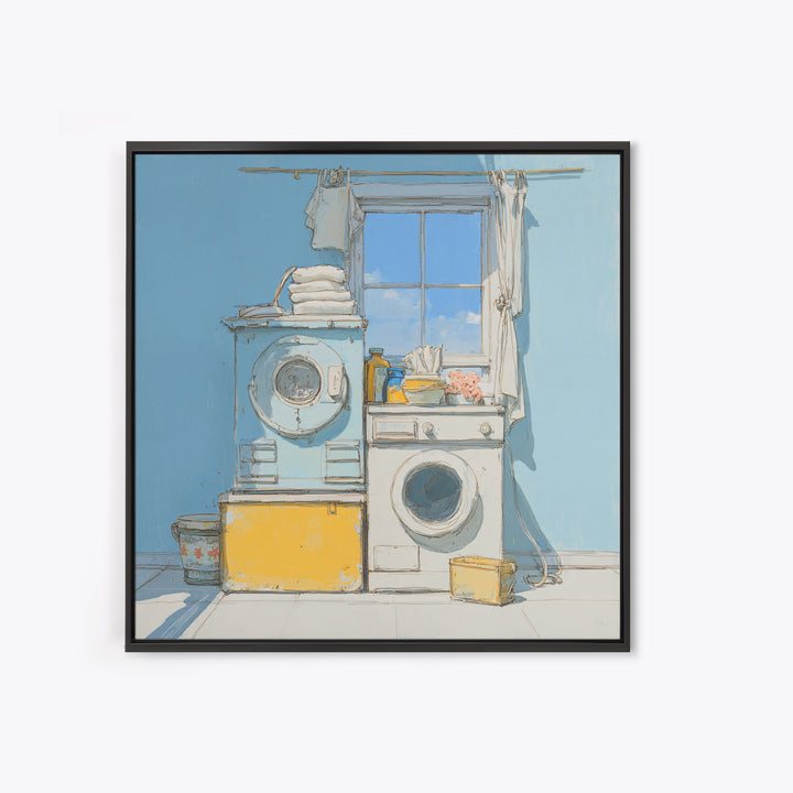 Retro Iron Illustration Framed Canvas Print, Laundry Room Art, Statement Artwork, Living Room Decor, Abstract Art, Clean, LRA-1x1-33