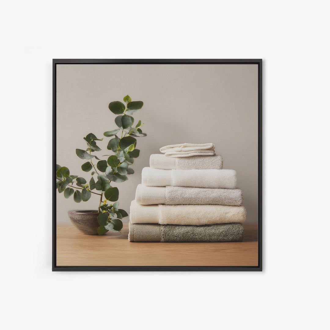 Sunlit White Towels and Eucalyptus Branch Canvas Print, Laundry Room Art, Farmhouse Wall Decor, Living Room Decor, LRA-1x1-35