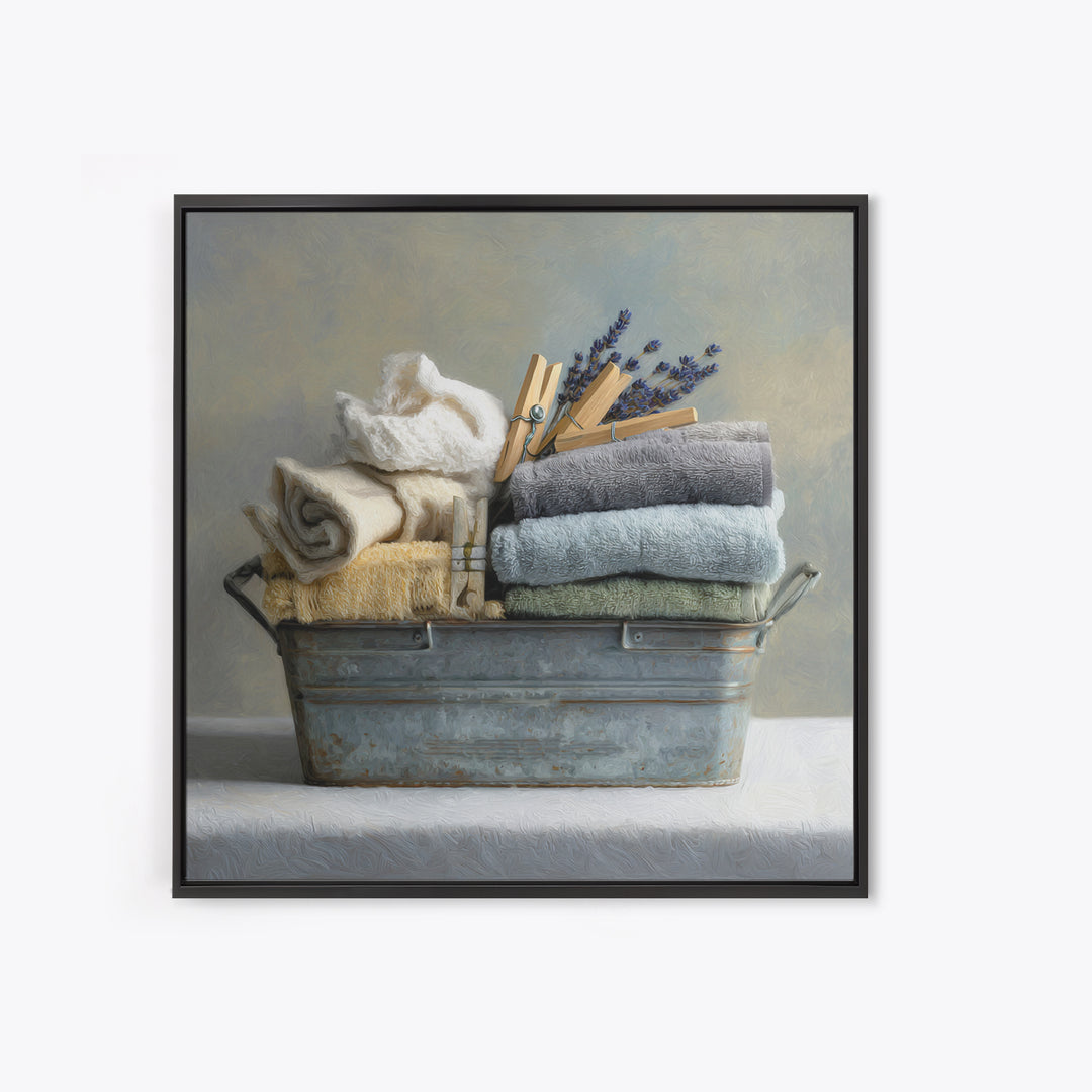 Basket of Folded Towels Framed Canvas Print, Laundry Room Art, Rustic Home Decor, Living Room Decor, Fine Art, Clean, LRA-1x1-38