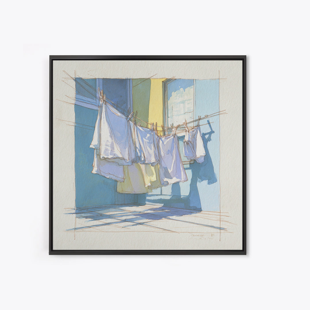 Simple Line Drawing of Hanging Laundry Framed Canvas Print, Laundry Room Art, Art Print, Living Room Decor, Abstract Art, Clean, LRA-1x1-40