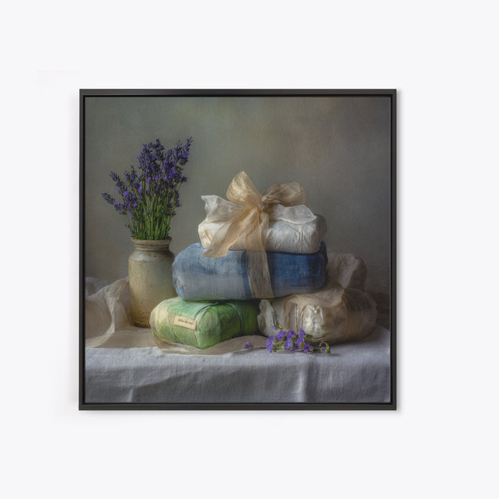 Lavender Sachet and Ribbon Still Life Framed Canvas Print, Laundry Room Art, Gallery Decor, Living Room Decor, Fine Art, Clean, LRA-1x1-41