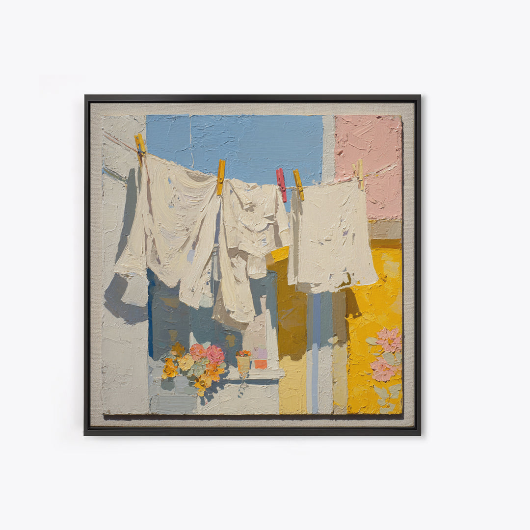 Clothesline with White Linens Blowing in Sunshine Canvas Print, Laundry Room Art, Modern Decor, Living Room Decor, Abstract Art, LRA-1x1-49