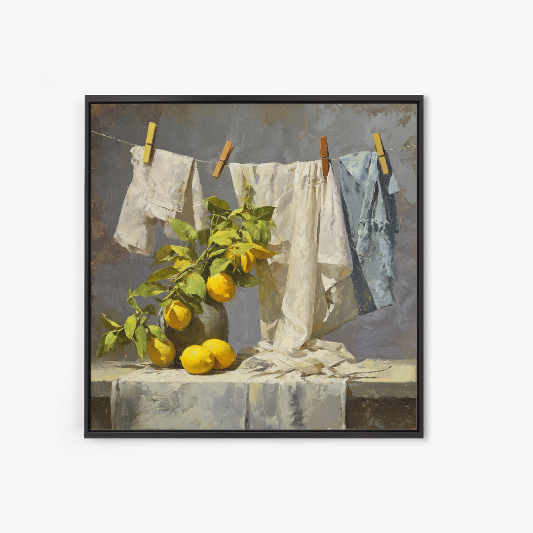 Lemon and Clean Linen Still Life Framed Canvas Print, Laundry Room Art, Rustic Home Decor, Living Room Decor, Abstract Art, LRA-1x1-51