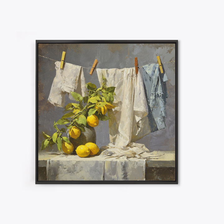 Lemon and Clean Linen Still Life Framed Canvas Print, Laundry Room Art, Rustic Home Decor, Living Room Decor, Abstract Art, LRA-1x1-51