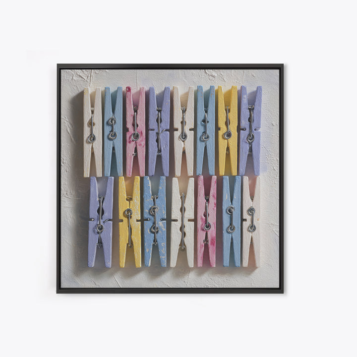 Cheerful Clothespins Arranged as Pattern Framed Canvas Print, Laundry Room Art, Laundry Room Decor, Living Room Decor, Clean, LRA-1x1-52