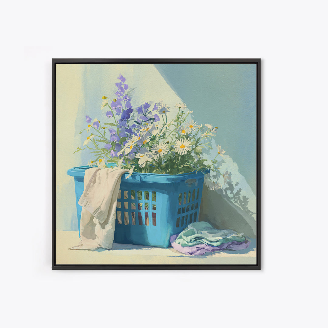 Blue Laundry Basket Framed Canvas Print, Laundry Room Art, Fine Art Print, Living Room Decor, Fine Art, Clean, Painting, LRA-1x1-53