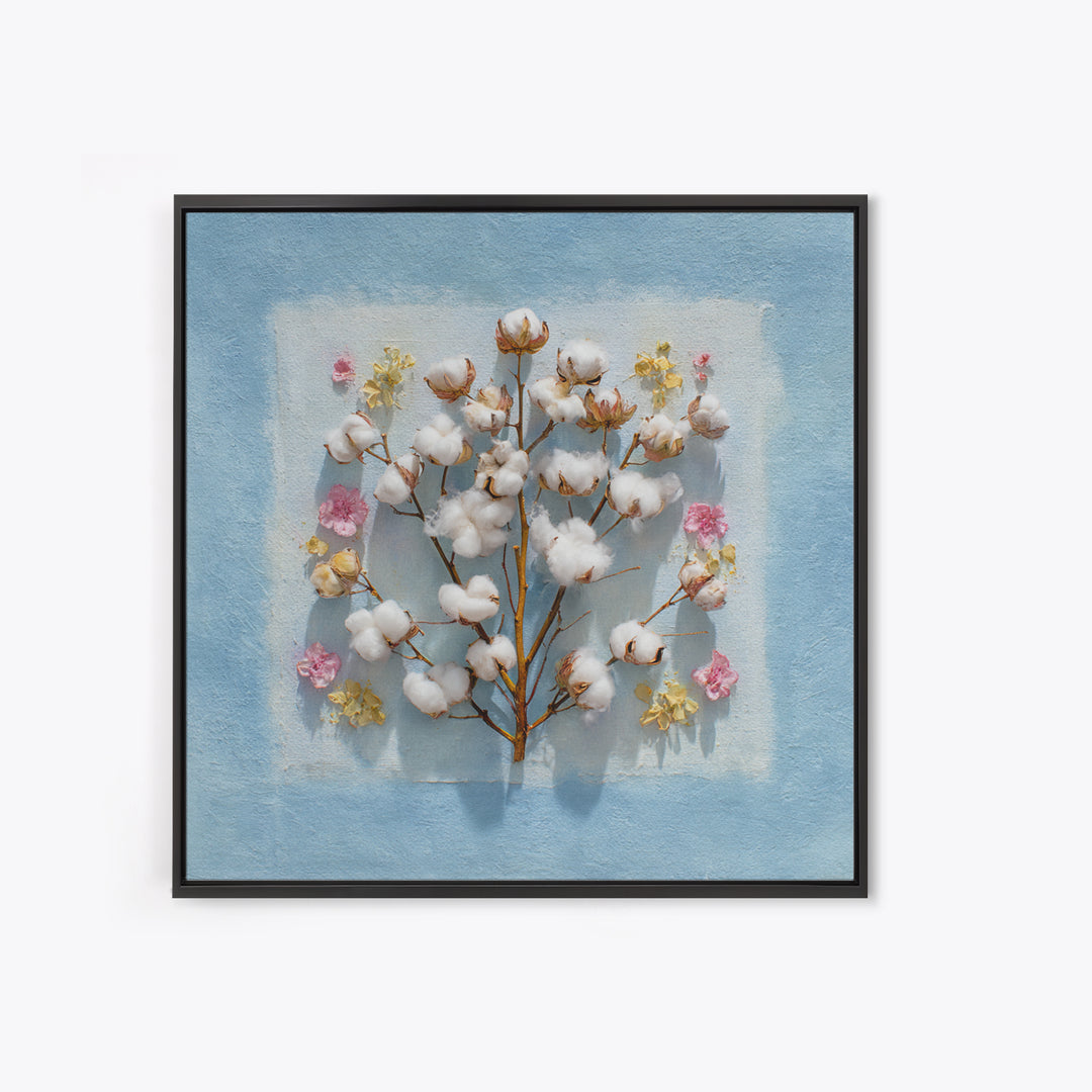 Fresh Cotton Branch Botanical Study Canvas Print, Laundry Room Art, Apartment Wall Art, Living Room Decor, Fine Art, Clean, LRA-1x1-55