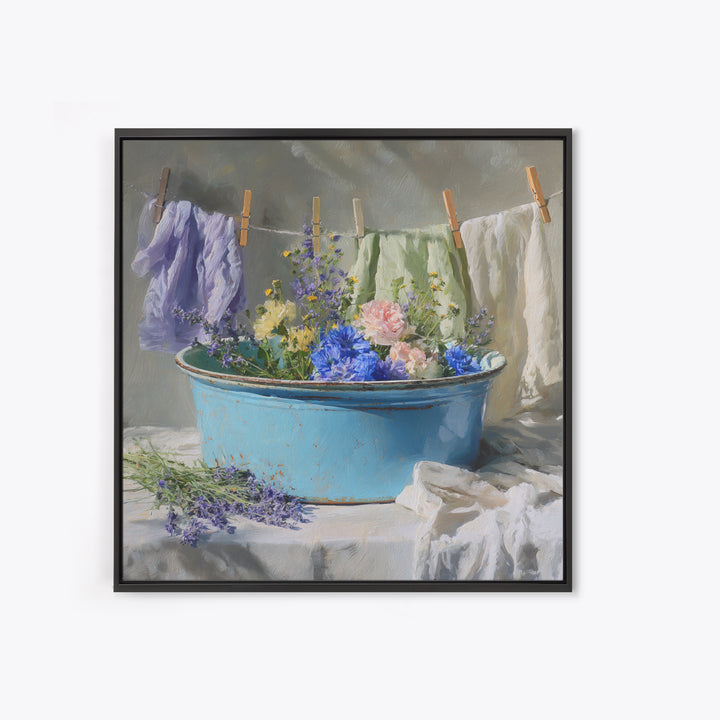 Old Enamel Basin Filled Framed Canvas Print, Laundry Room Art, Printable Art, Living Room Decor, Fine Art, Clean, Whimsical Art, LRA-1x1-56