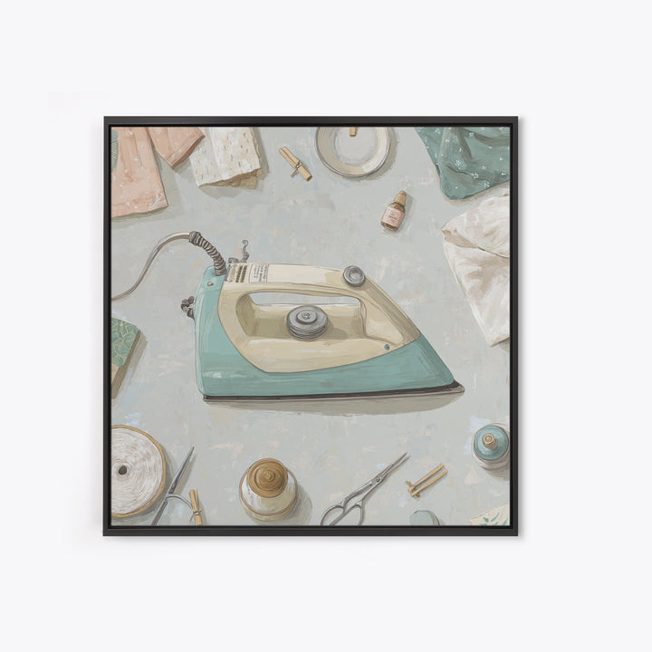 Retro Iron Illustration Framed Canvas Print, Laundry Room Art, Statement Artwork, Living Room Decor, Abstract Art, Clean, LRA-1x1-57
