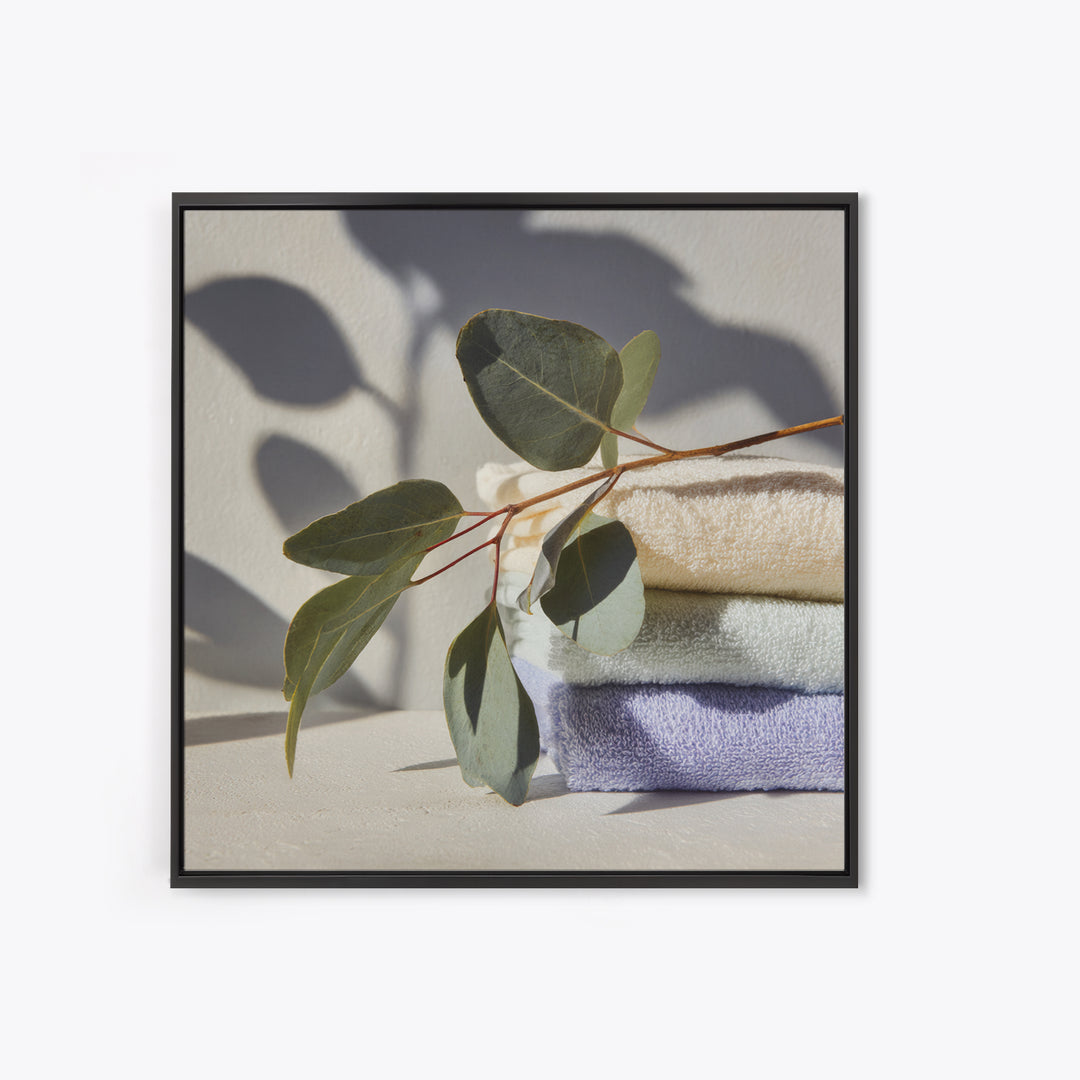 Sunlit White Towels and Eucalyptus Branch Canvas Print, Laundry Room Art, Digital Art Print, Living Room Decor, Fine Art, Clean, LRA-1x1-59