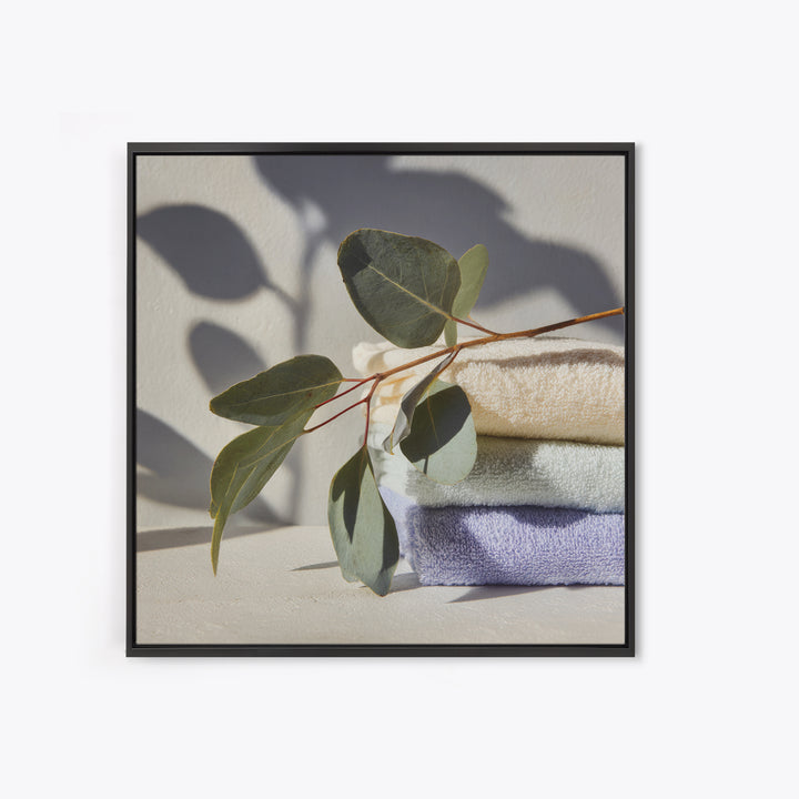 Sunlit White Towels and Eucalyptus Branch Canvas Print, Laundry Room Art, Digital Art Print, Living Room Decor, Fine Art, Clean, LRA-1x1-59