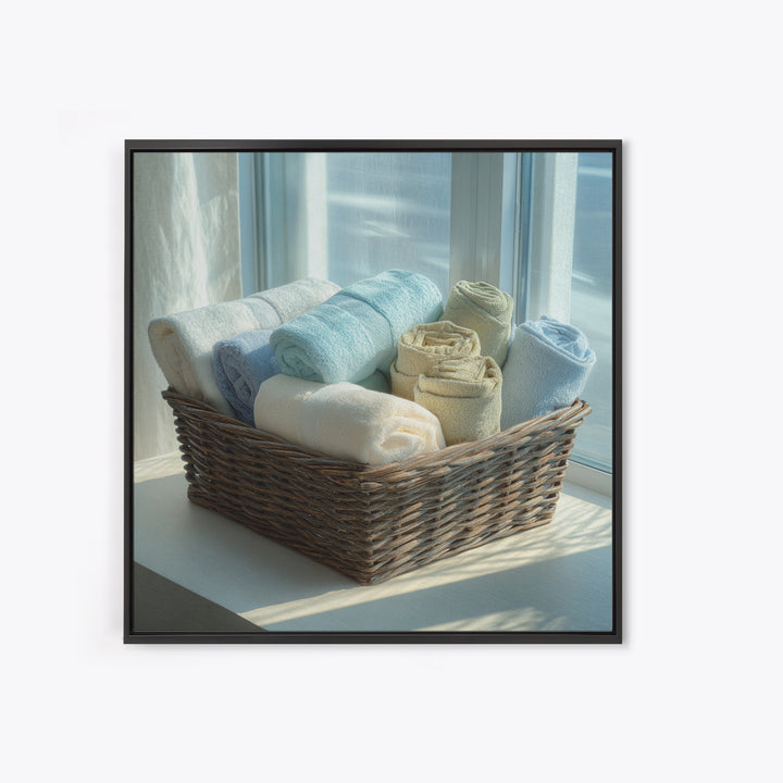 Basket of Folded Towels Framed Canvas Print, Laundry Room Art, Rustic Home Decor, Living Room Decor, Fine Art, Clean, LRA-1x1-62