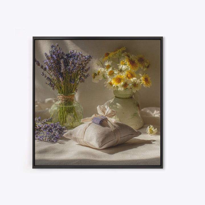 Lavender Sachet and Ribbon Still Life Framed Canvas Print, Laundry Room Art, Gallery Decor, Living Room Decor, Fine Art, Clean, LRA-1x1-65