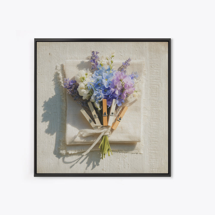 Clothespin Bouquet in Folk Art Style Framed Canvas Print, Laundry Room Art, Whimsical Art, Living Room Decor, Fine Art, Clean, LRA-1x1-68
