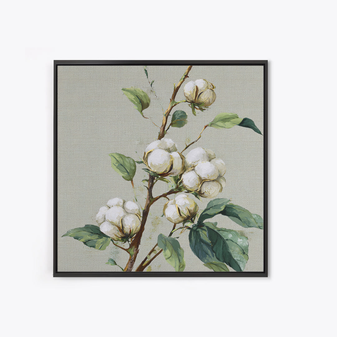Fresh Cotton Branch Botanical Study Framed Canvas Print, Laundry Room Art, Fine Art Print, Living Room Decor, Fine Art, Clean, LRA-1x1-79