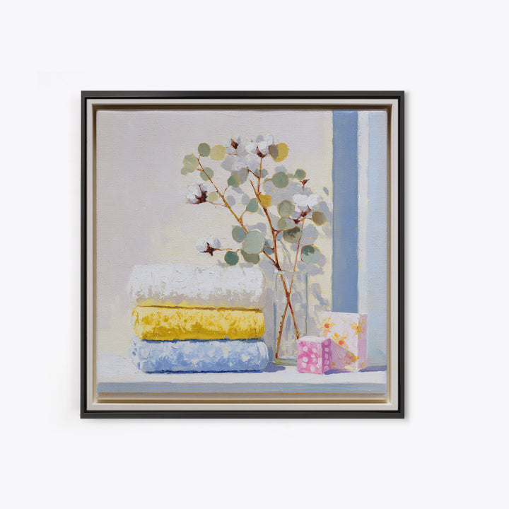 Sunlit White Towels and Eucalyptus Branch Canvas Print, Laundry Room Art, Statement Artwork, Living Room Decor, Clean, LRA-1x1-83