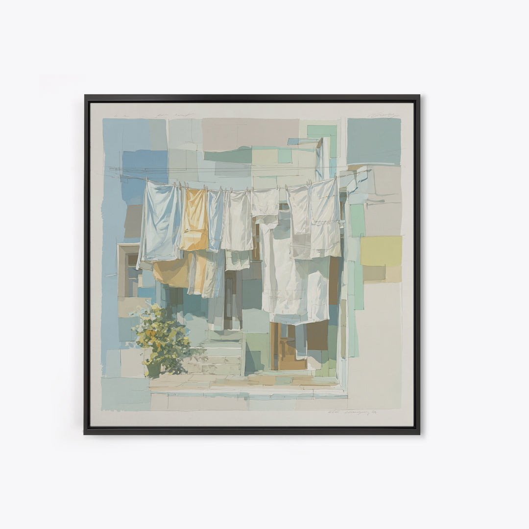 Simple Line Drawing of Hanging Laundry Framed Canvas Print, Laundry Room Art, Textured Painting, Living Room Decor, Clean, LRA-1x1-88