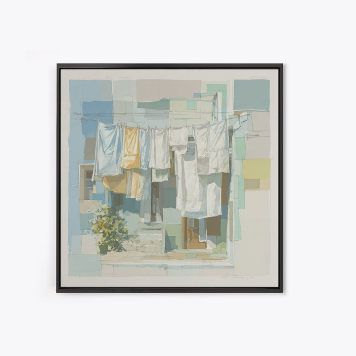 Simple Line Drawing of Hanging Laundry Framed Canvas Print, Laundry Room Art, Textured Painting, Living Room Decor, Clean, LRA-1x1-88