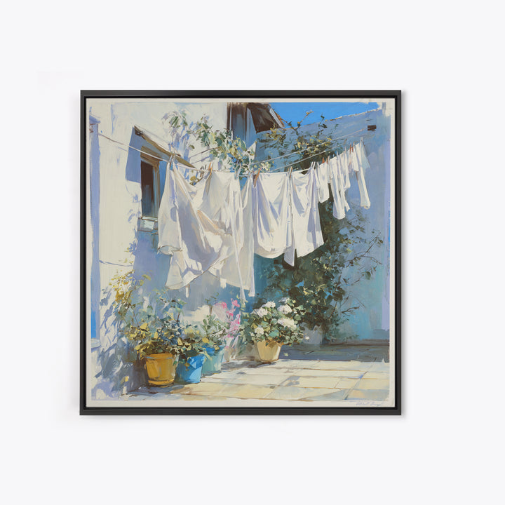 Clothesline with White Linens Blowing in Sunshine Canvas Print, Laundry Room Art, Home Decor, Living Room Decor, Clean, LRA-1x1-97