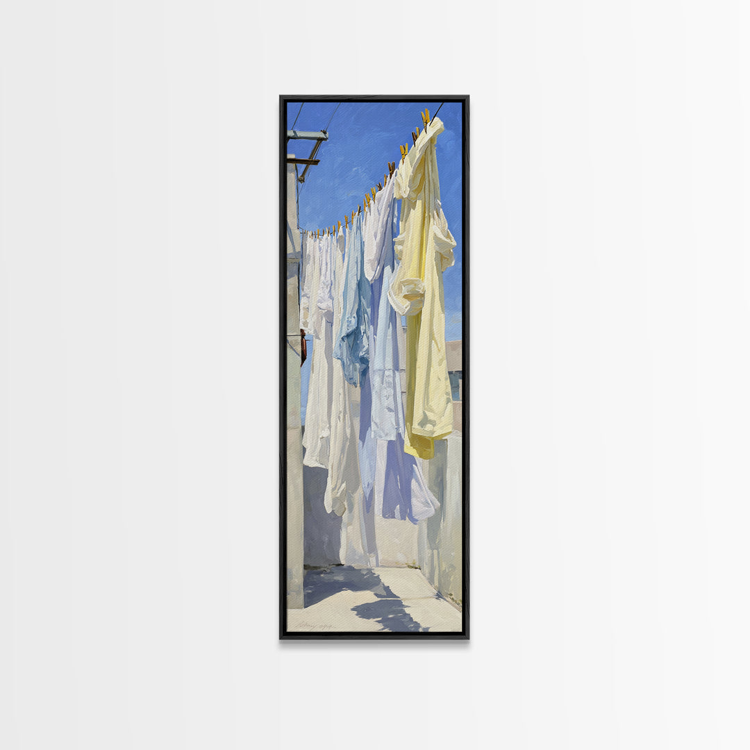 Clothesline with White Linens Blowing in Sunshine Canvas Print, Laundry Room Art, Statement Artwork, Living Room Decor, Clean, LRA-1x3-13