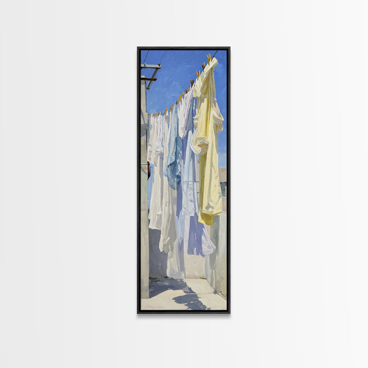 Clothesline with White Linens Blowing in Sunshine Canvas Print, Laundry Room Art, Statement Artwork, Living Room Decor, Clean, LRA-1x3-13