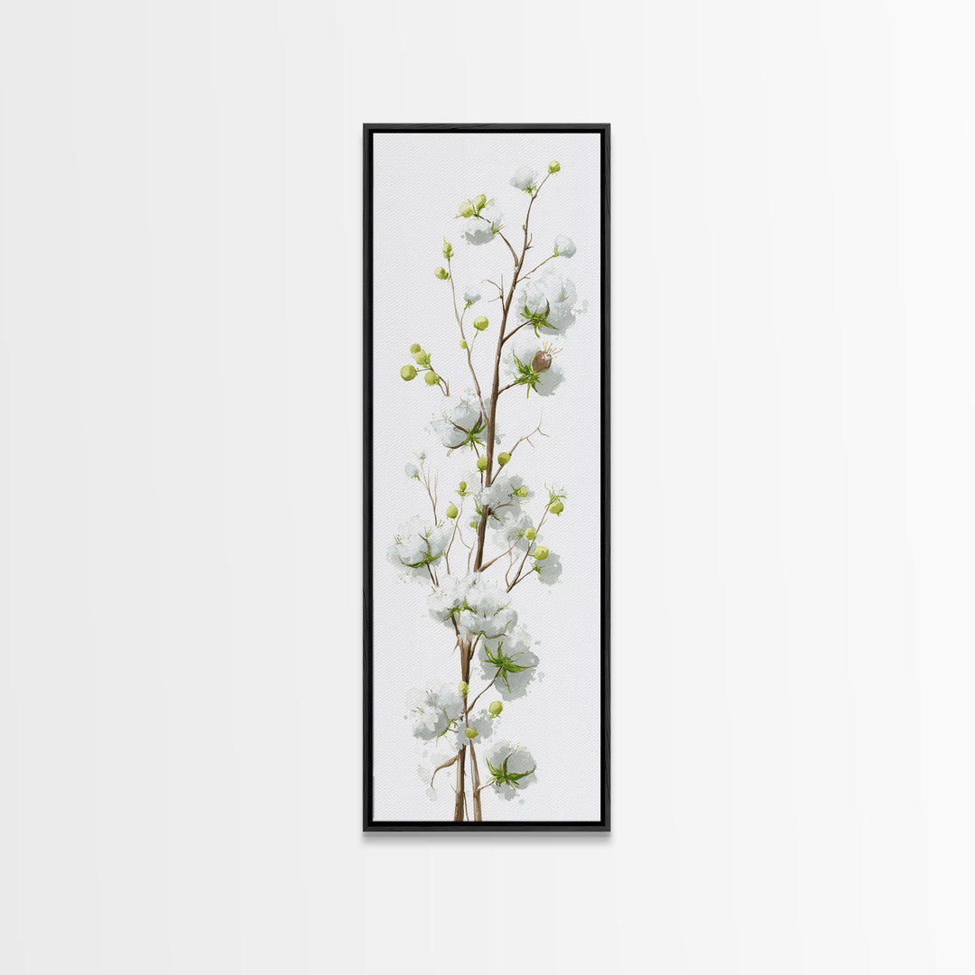 Fresh Cotton Branch Botanical Study Framed Canvas Print, Laundry Room Art, Painting, Living Room Decor, Oil Painting, Clean, LRA-1x3-19