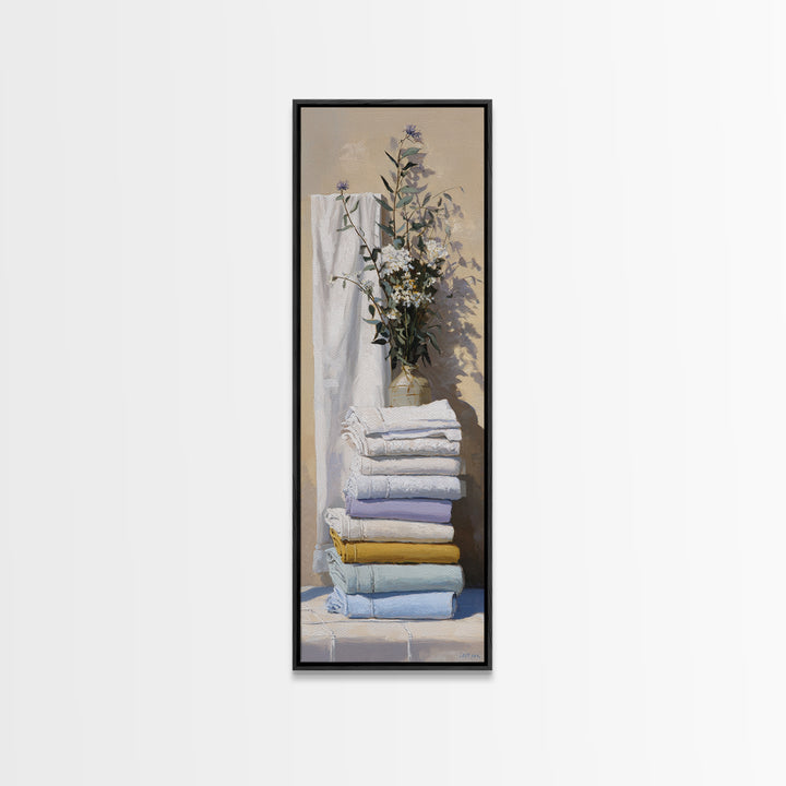 Sunlit White Towels and Eucalyptus Branch Framed Canvas Print, Laundry Room Art, New Home Gift, Living Room Decor, LRA-1x3-47