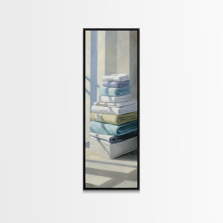 Basket of Folded Towels Framed Canvas Print, Laundry Room Art, Digital Art Print, Living Room Decor, Fine Art, Clean, LRA-1x3-50