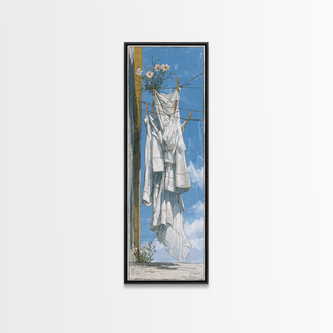 Simple Line Drawing of Hanging Laundry Framed Canvas Print, Laundry Room Art, Living Room Decor, Abstract Art, Clean, LRA-1x3-52