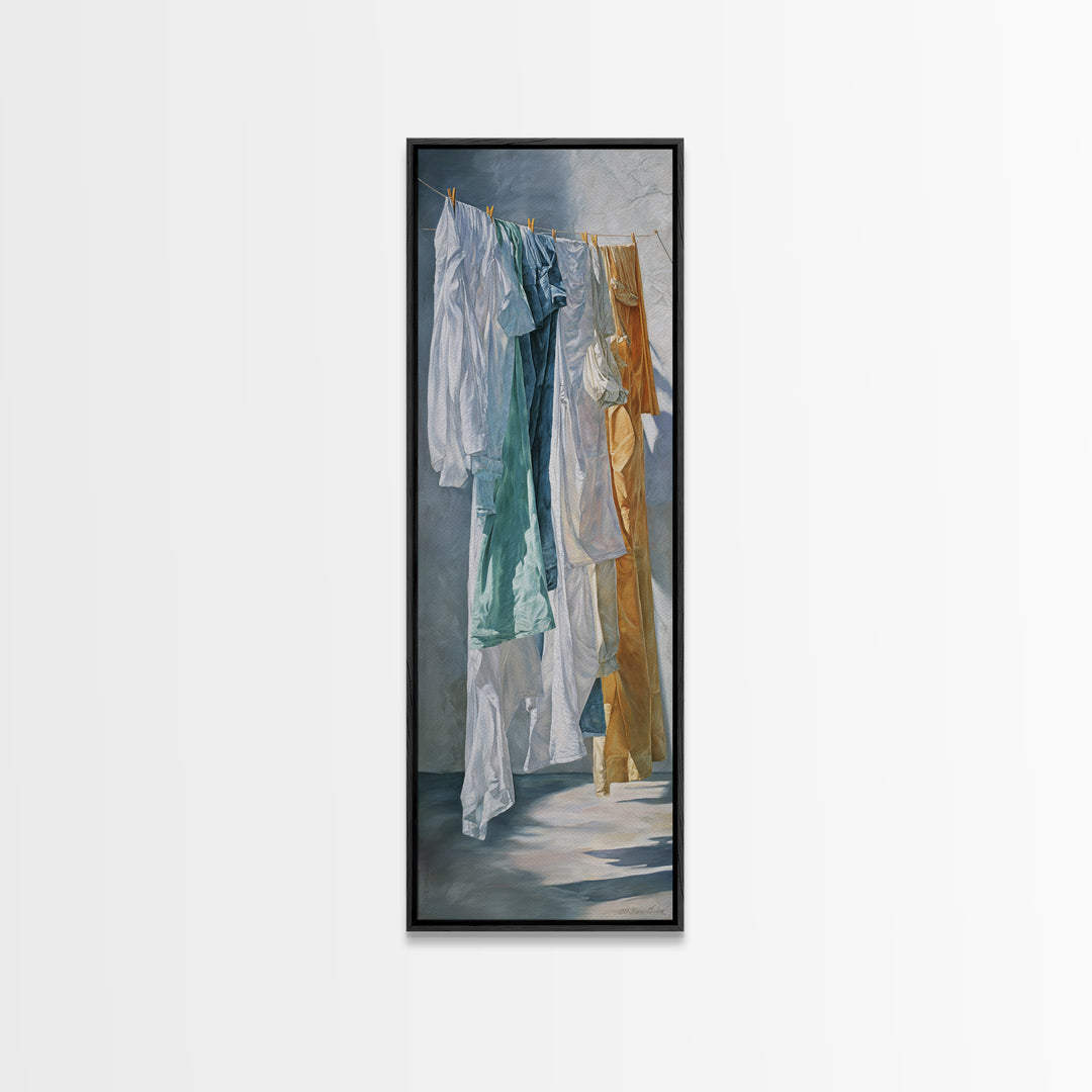 Clothesline with White Linens Blowing in Sunshine Canvas Print, Laundry Room Art, Textured Painting, Living Room Decor, Clean, LRA-1x3-61