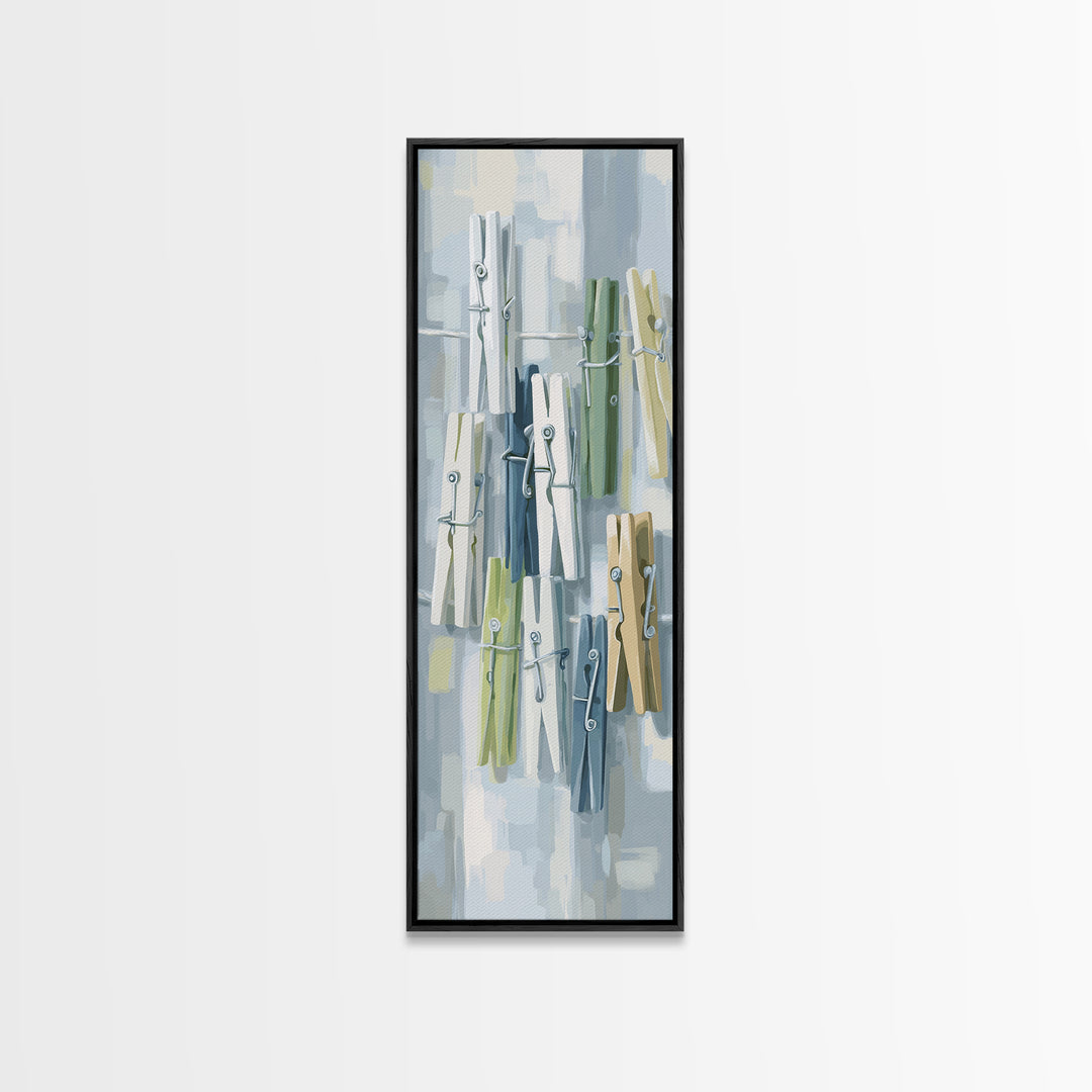 Cheerful Clothespins Arranged as Pattern Framed Canvas Print, Laundry Room Art, Printable Art, Living Room Decor, Clean, LRA-1x3-64