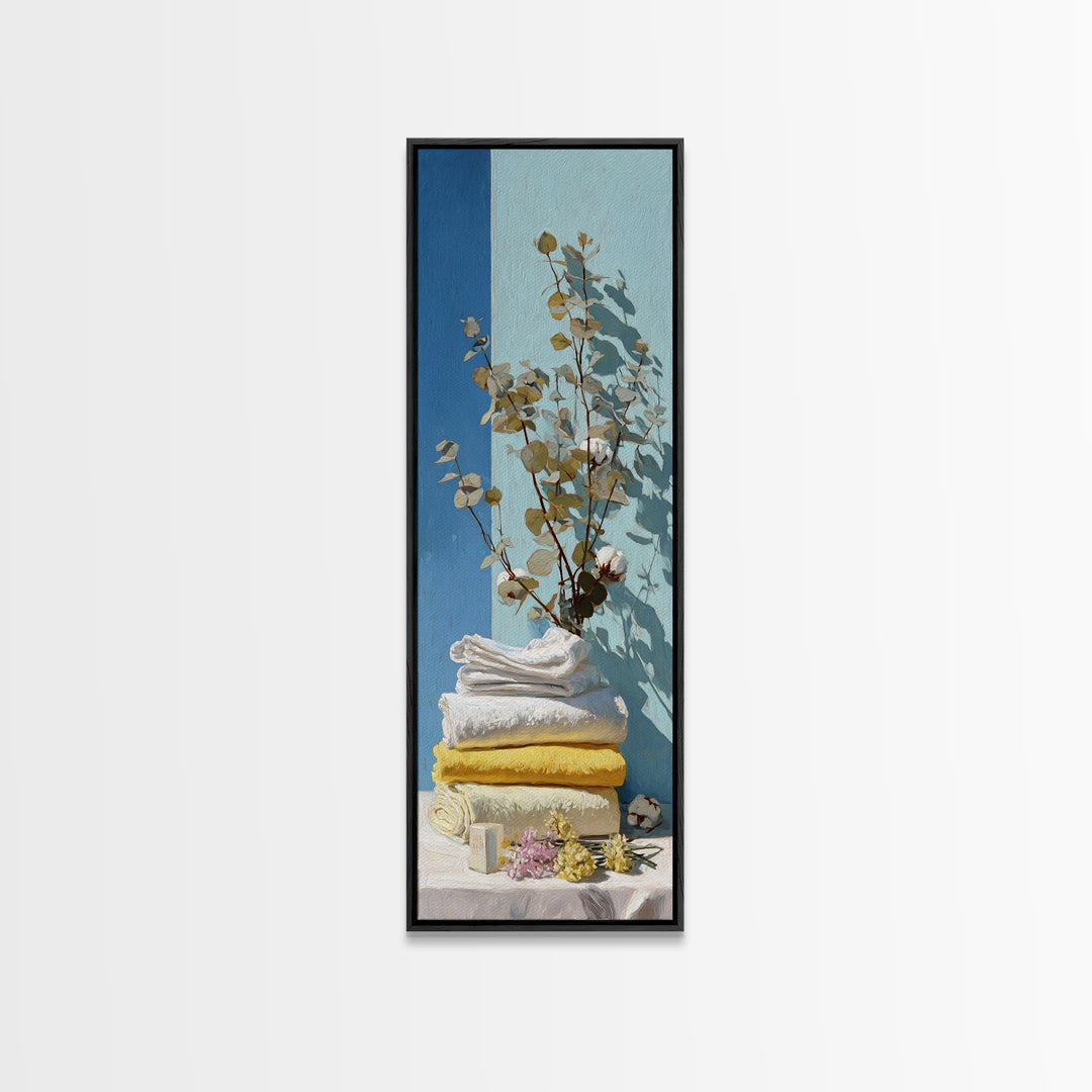 Sunlit White Towels and Eucalyptus Branch Framed Canvas Print, Laundry Room Art, Custom Wall Art, Living Room Decor, Clean, LRA-1x3-71