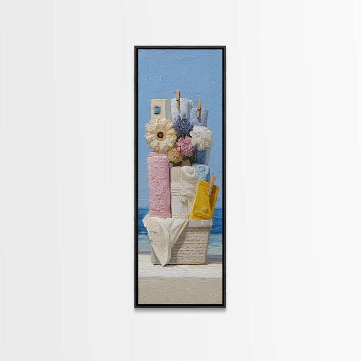 Basket of Folded Towels Framed Canvas Print, Laundry Room Art, Digital Art Print, Living Room Decor, Fine Art, Clean, LRA-1x3-74