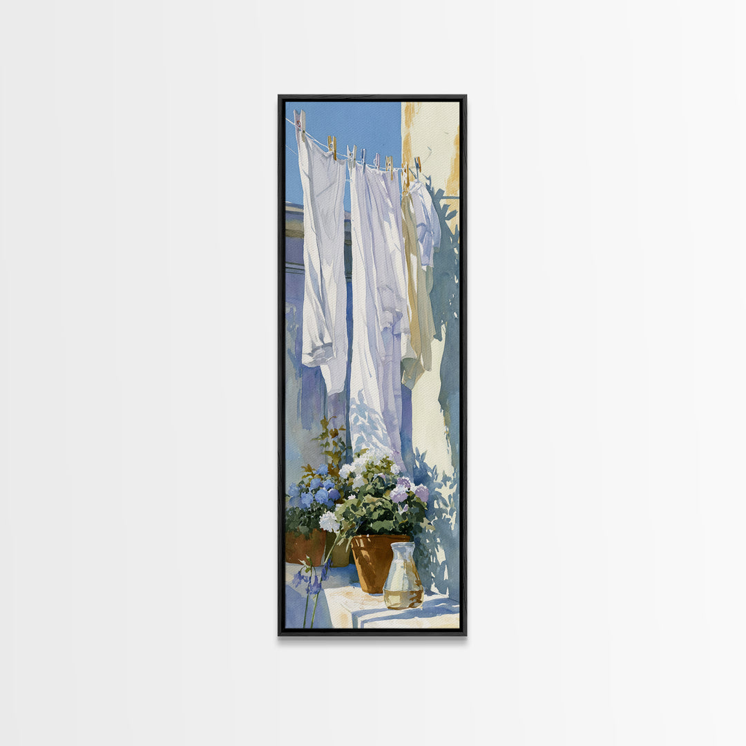 Clothesline with White Linens Blowing in Sunshine Canvas Print, Laundry Room Art, Living Room Decor, Abstract Art, Clean, LRA-1x3-85