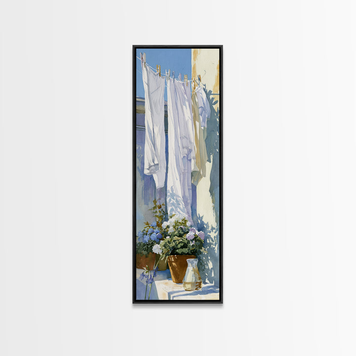 Clothesline with White Linens Blowing in Sunshine Canvas Print, Laundry Room Art, Living Room Decor, Abstract Art, Clean, LRA-1x3-85