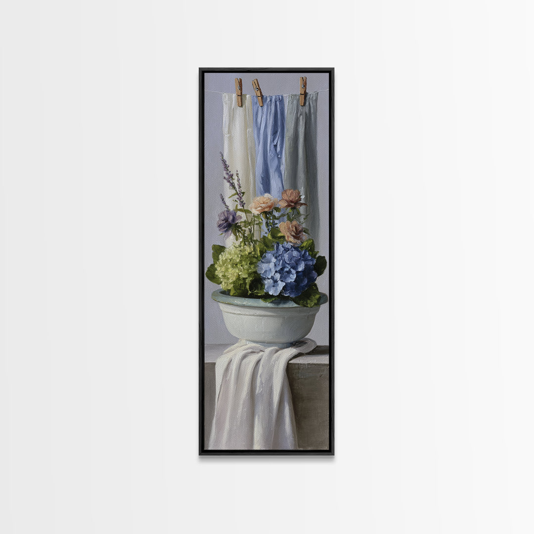 Old Enamel Basin Filled Framed Canvas Print, Laundry Room Art, Retro Wall Art, Living Room Decor, Clean, Digital Art Print, LRA-1x3-92