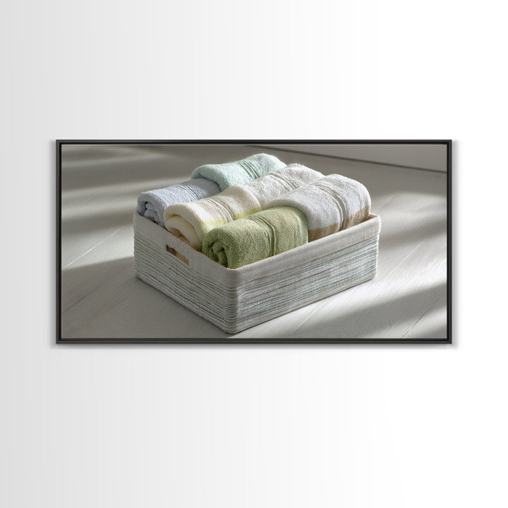 Basket of Folded Towels Framed Canvas Print, Laundry Room Art, Art Print, Living Room Decor, Fine Art, Clean, Artwork, LRA-2x1-10