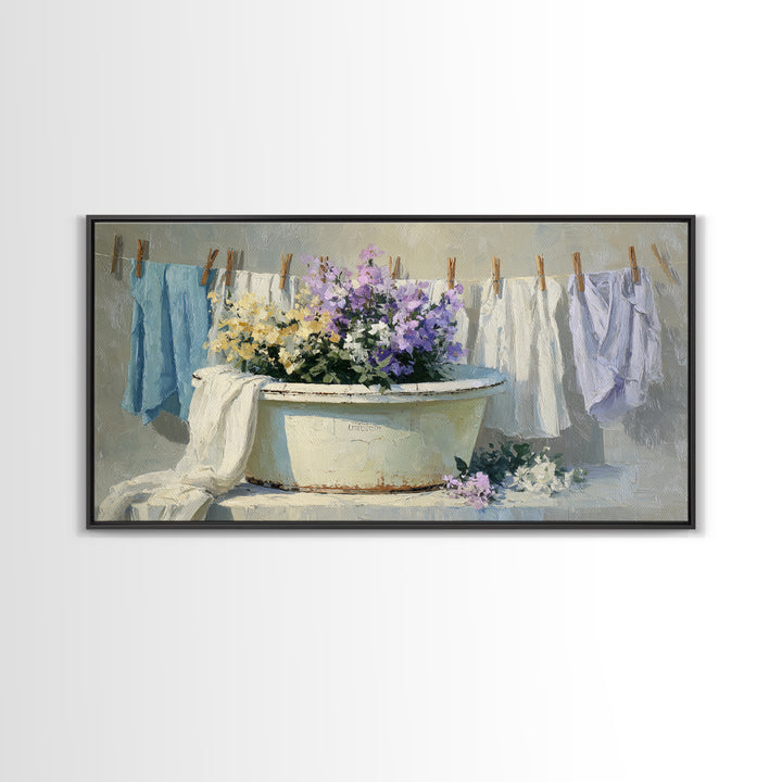 Old Enamel Basin Filled Framed Canvas Print, Laundry Room Art, Farmhouse Wall Art, Living Room Decor, Oil Painting, Clean, LRA-2x1-100
