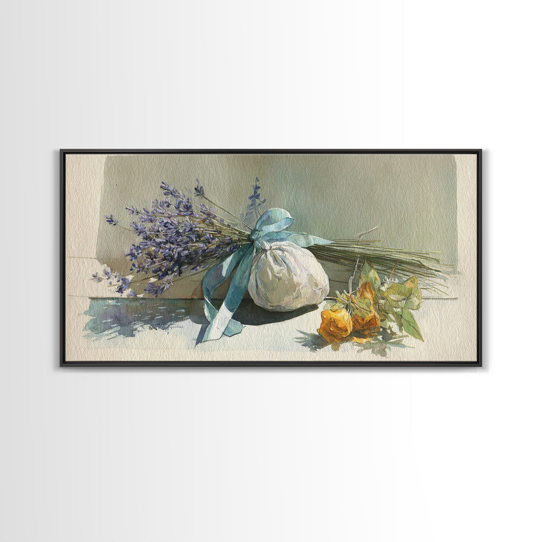 Lavender Sachet and Ribbon Still Life Framed Canvas Print, Laundry Room Art, Minimalist Decor, Living Room Decor, Clean, LRA-2x1-13