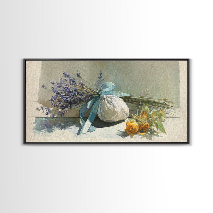 Lavender Sachet and Ribbon Still Life Framed Canvas Print, Laundry Room Art, Minimalist Decor, Living Room Decor, Clean, LRA-2x1-13