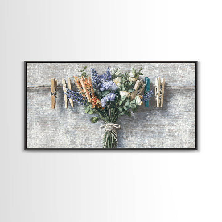 Clothespin Bouquet in Folk Art Style Framed Canvas Print, Laundry Room Art, Fine Art Print, Living Room Decor, Fine Art, Clean, LRA-2x1-16